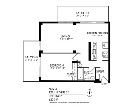 A drawing of a house layout with a living room, kitchen, dining room, and two bedrooms.